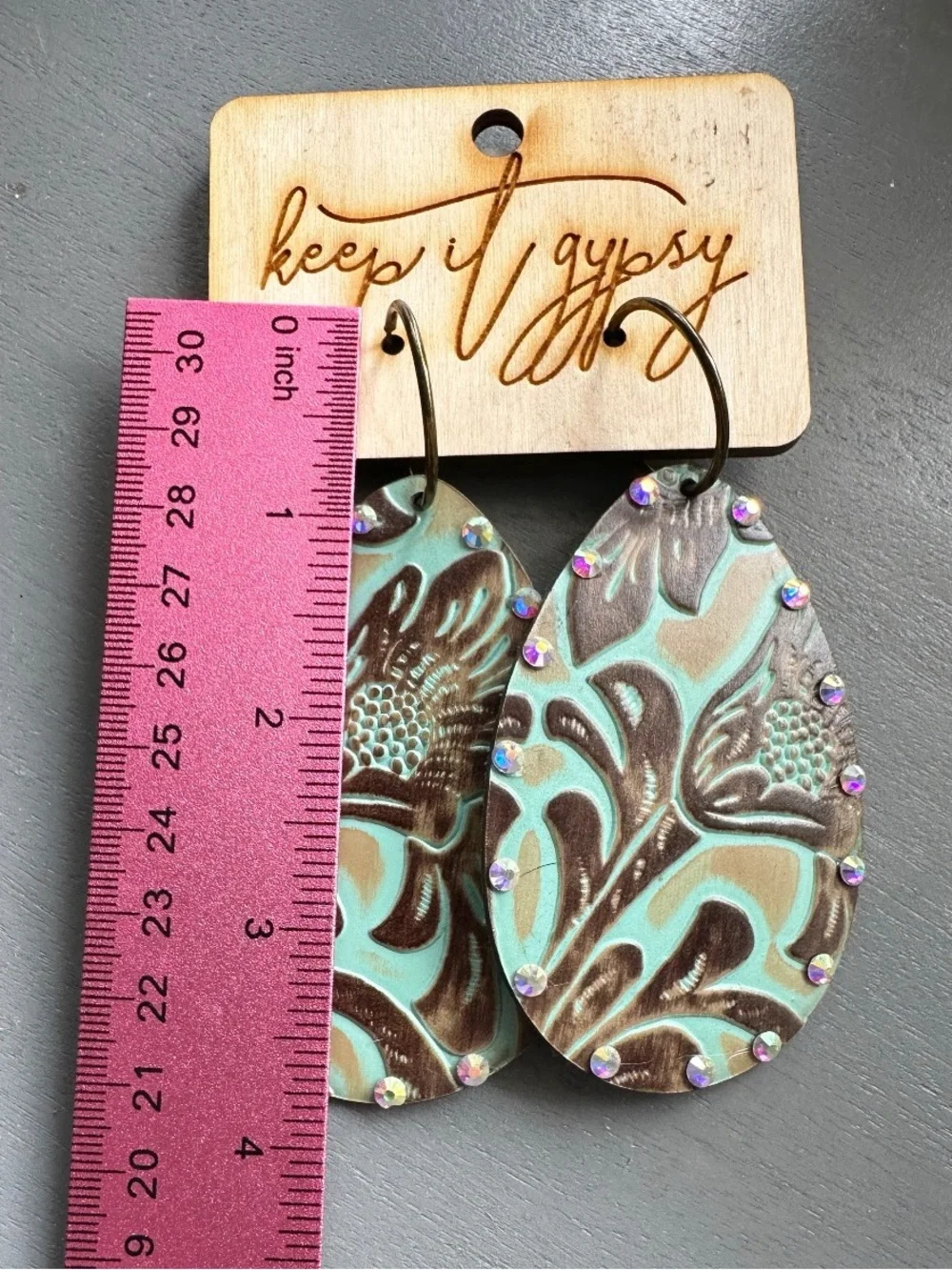 Keep it Gypsy Blue/Brown Tooled Leather Teardrop Shaped earrings NWT